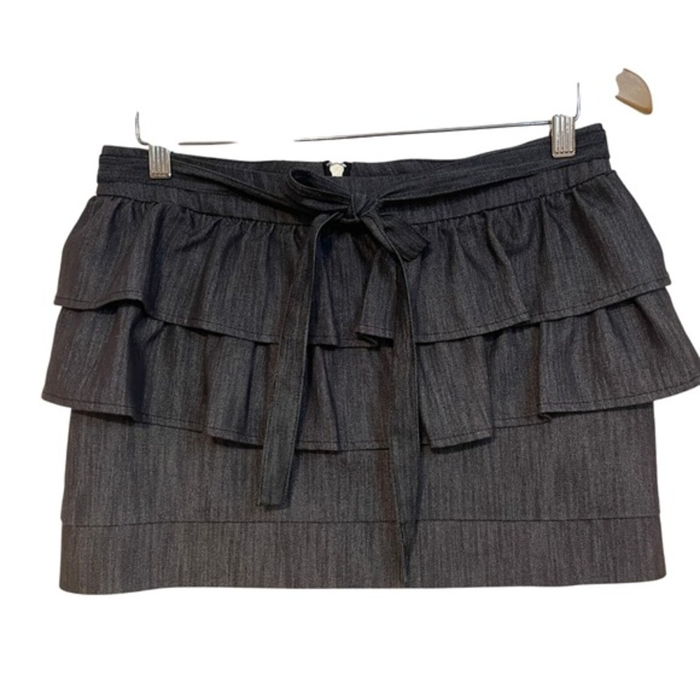 Juniors L VTG 90s Ruffle Mini Skirt Gray Denim Tie Belt Flirty Cute Body Central